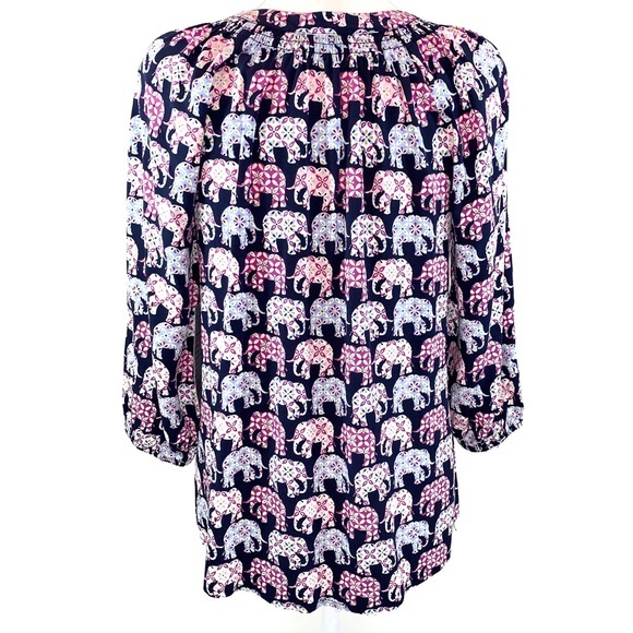 Crown & Ivy size S navy & pink elephant print 3/4 sleeve V-neck pullover blouse - Picture 3 of 12